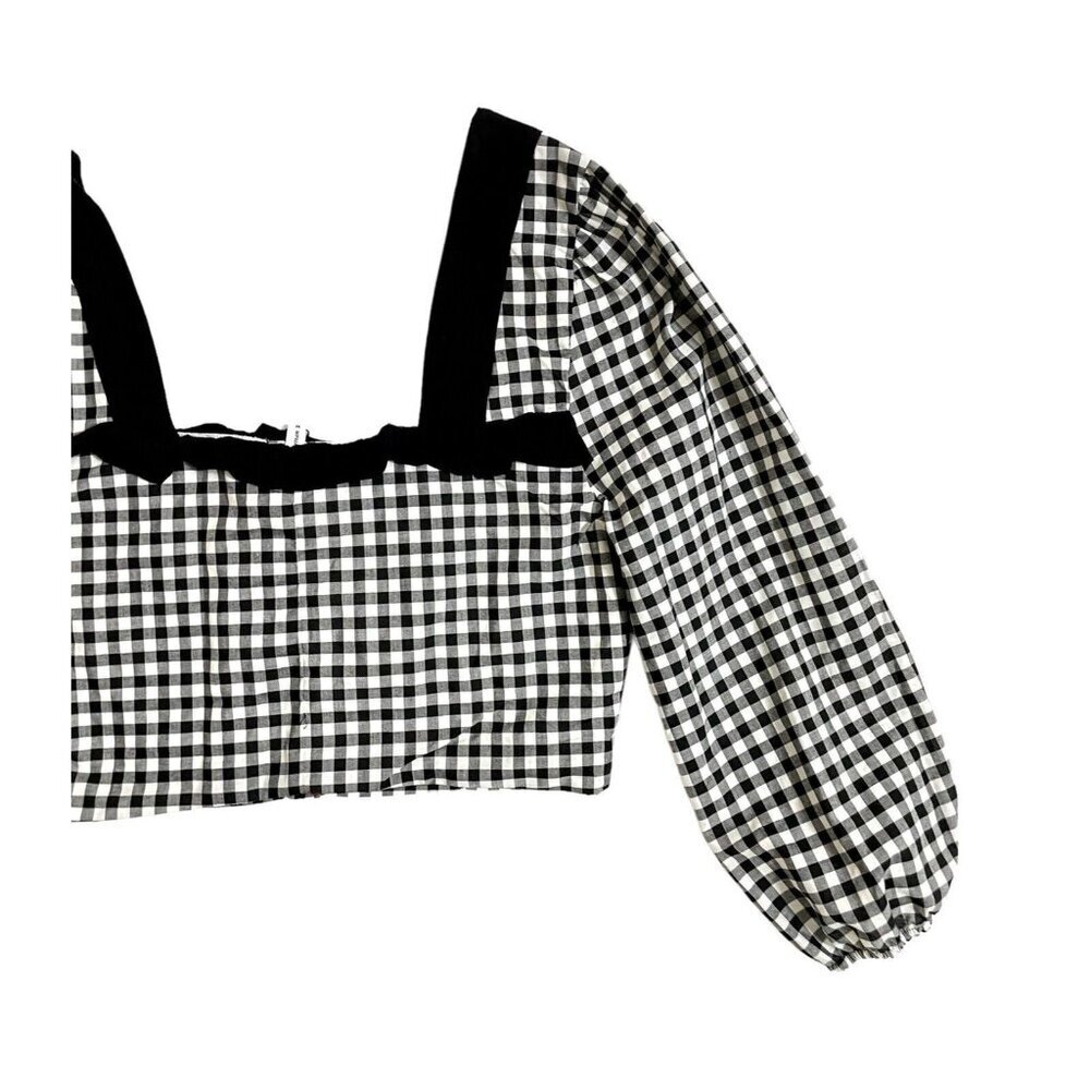 BCBGeneration Crop Top Ruffled Gingham Black White Blouse Top Shirt Sz M NWT - Picture 10 of 12